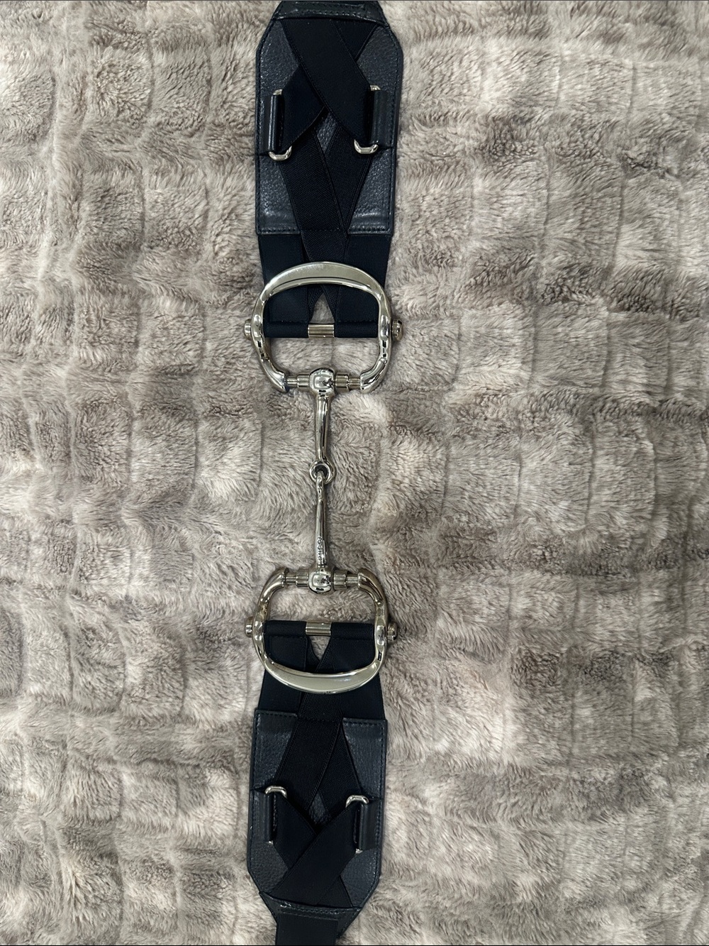 GUCCI black leather corset belt with signature Gucci silver horse bit buckle